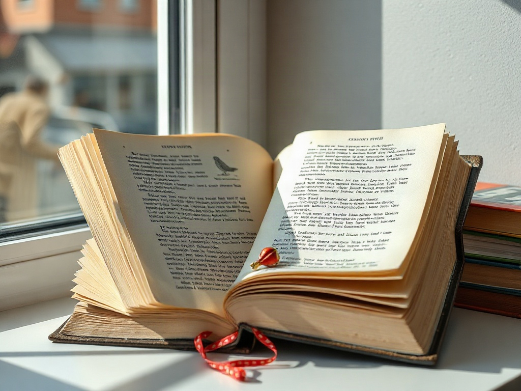 На подоконнике открытая книга с закладкой, солнечный свет освещает страницы.